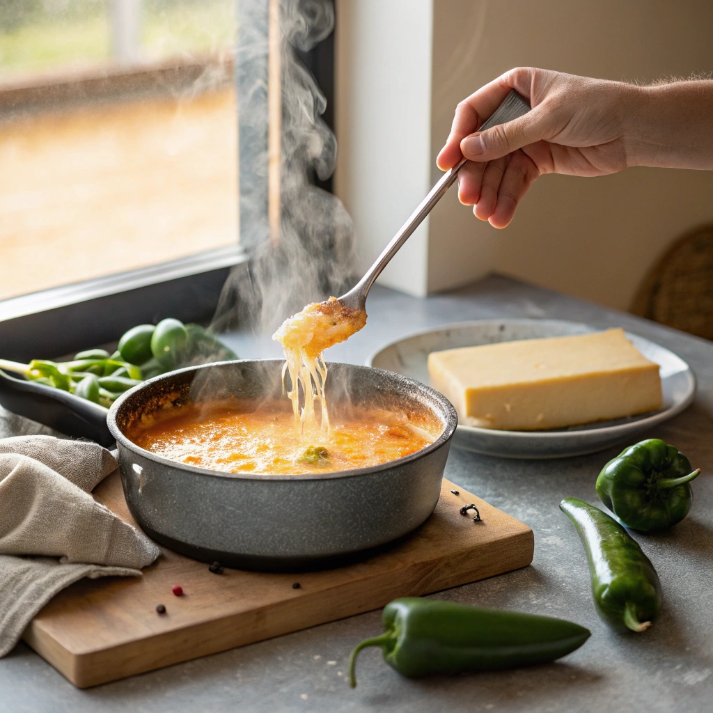 Stirring Torchy’s queso recipe in a saucepan with melting cheese