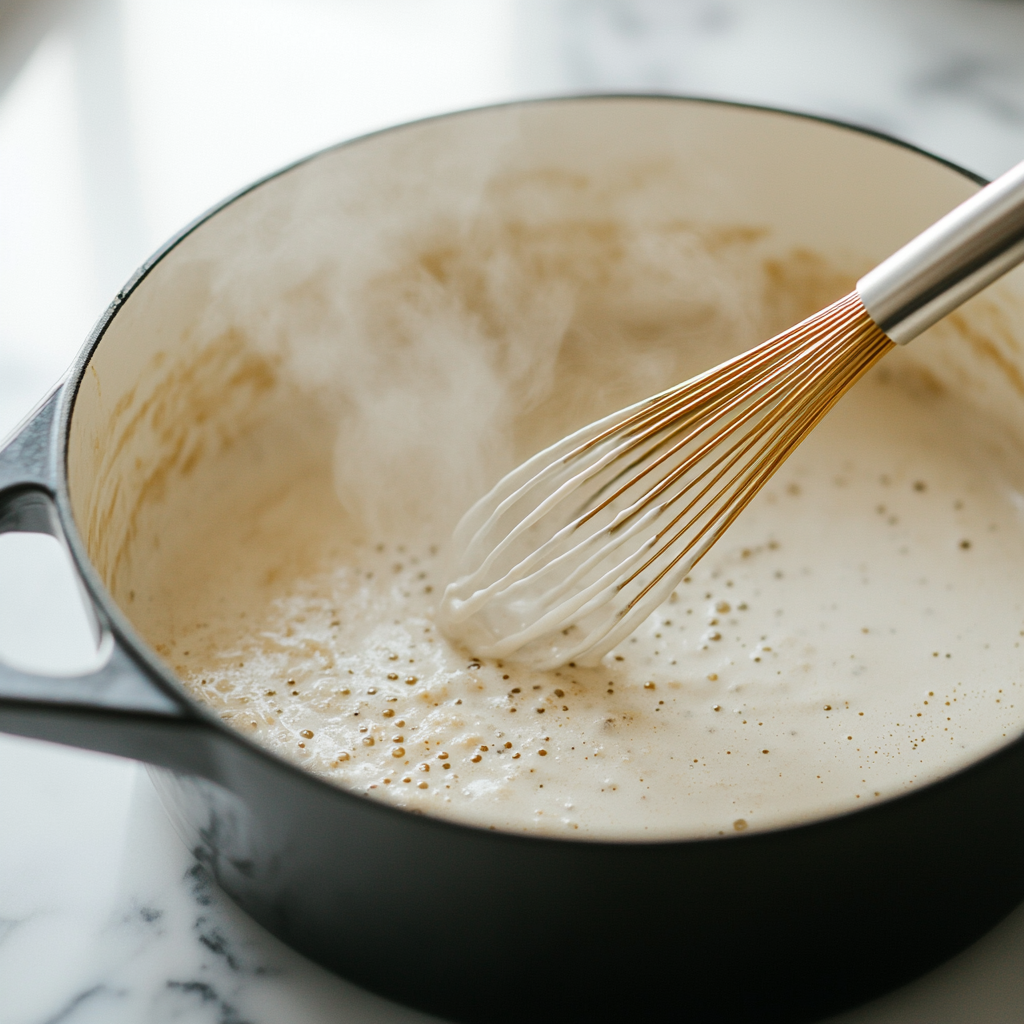 whisk stirring creamy roux base for Outback potato soup