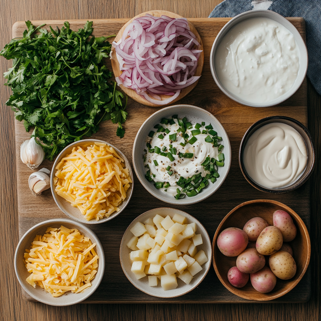 ingredients for Outback potato soup laid out on rustic wood board
