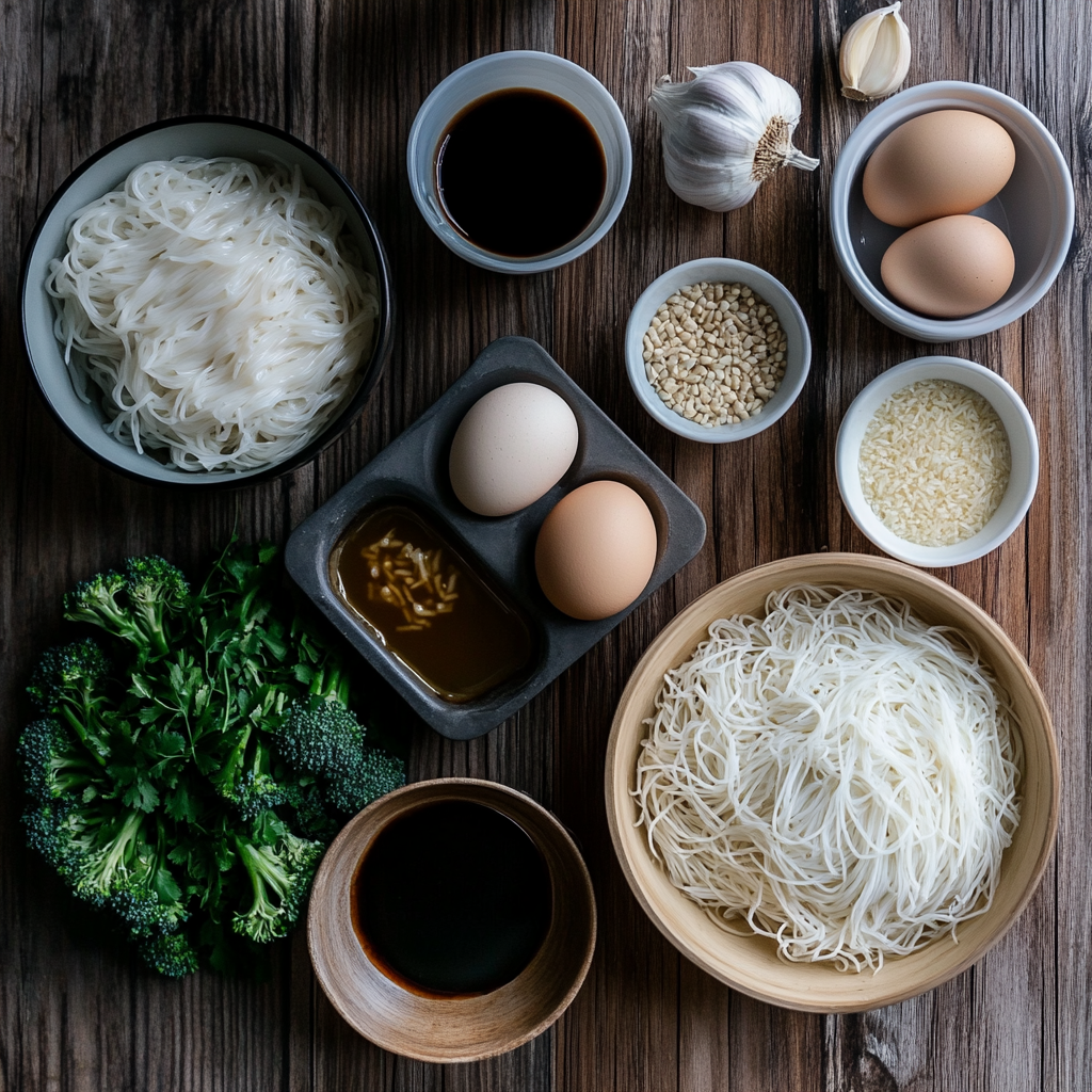 Ingredients for Phat Si-Io laid out on a kitchen counter