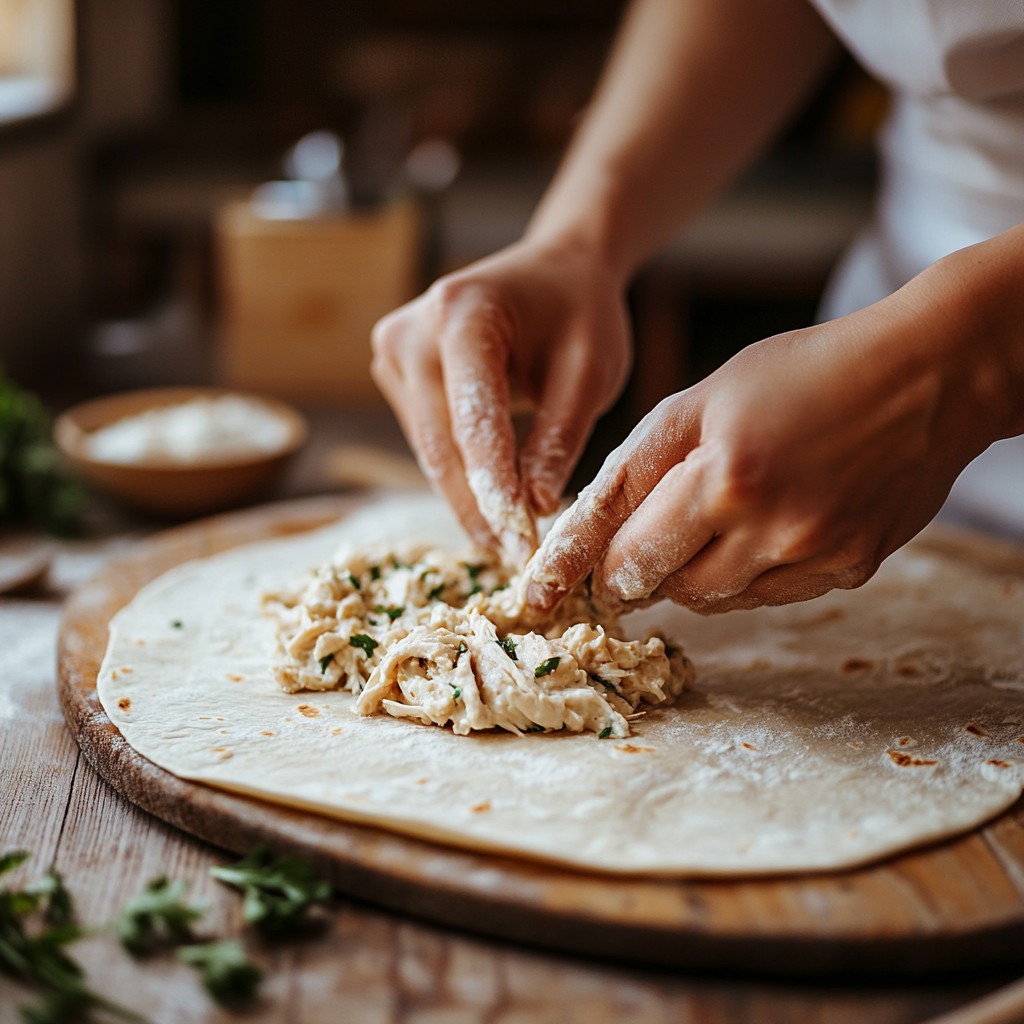 Spreading filling for chicken pinwheels on tortilla