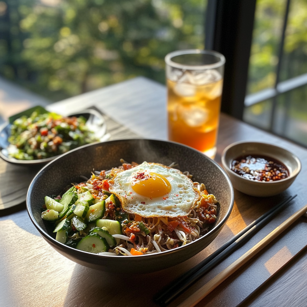 Phat Si-Io served with Thai iced tea and cucumber salad on a table