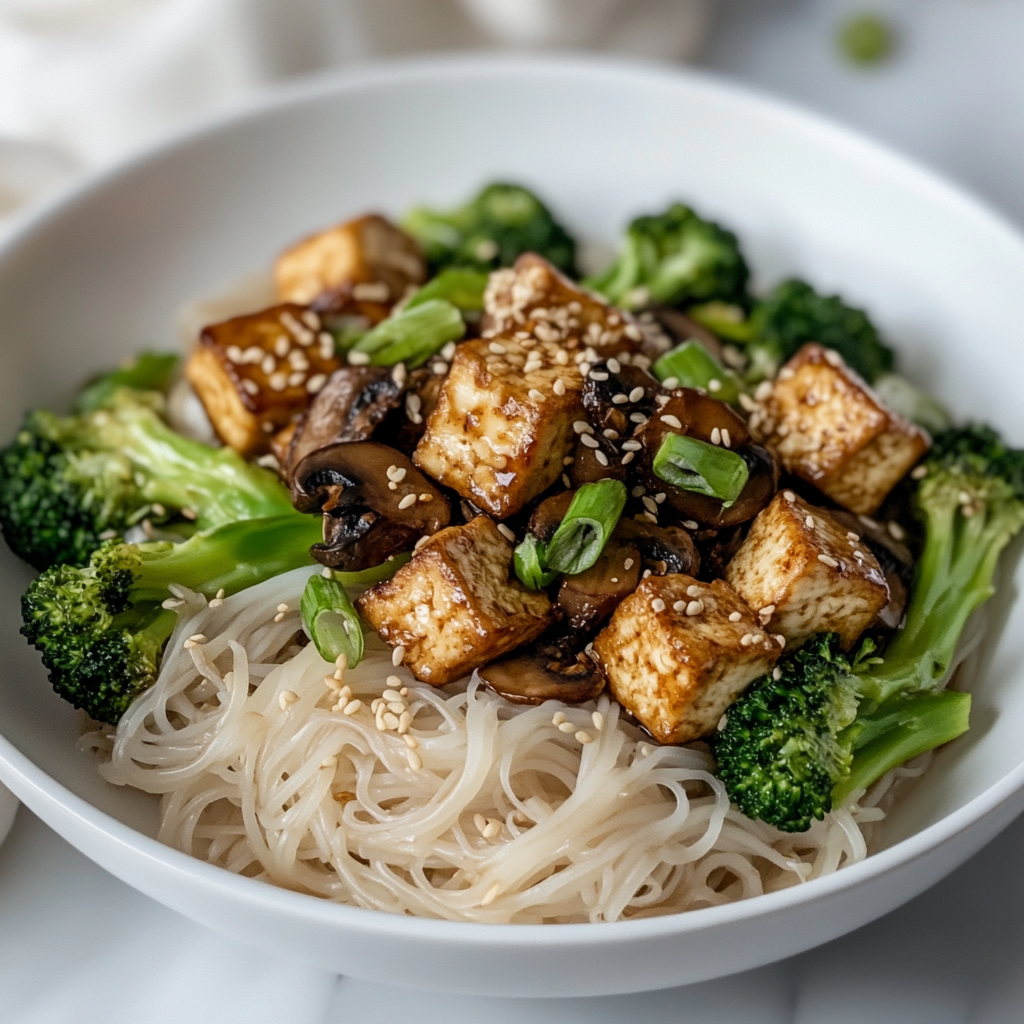 Vegan Phat Si-Io with tofu and mushrooms in a white bowl