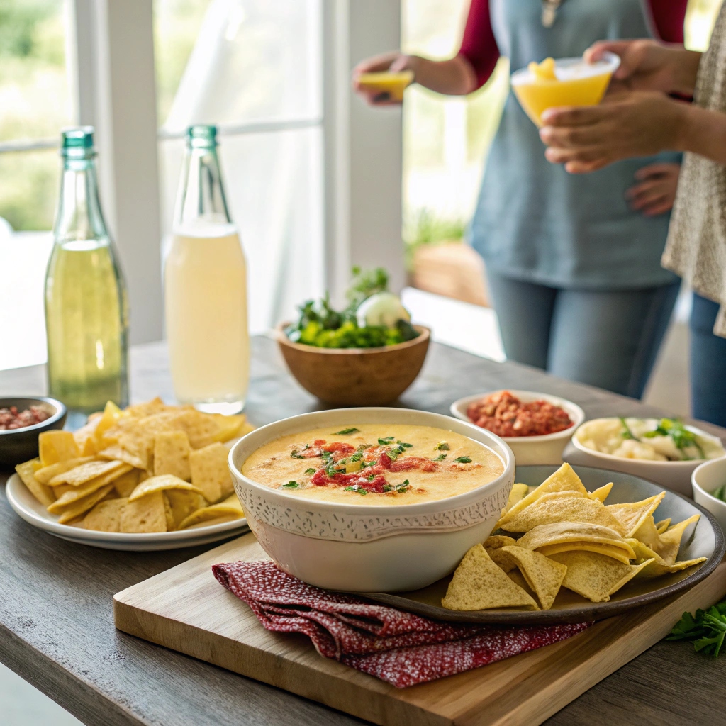 Serving Torchy’s queso recipe at a casual gathering with chips and tacos