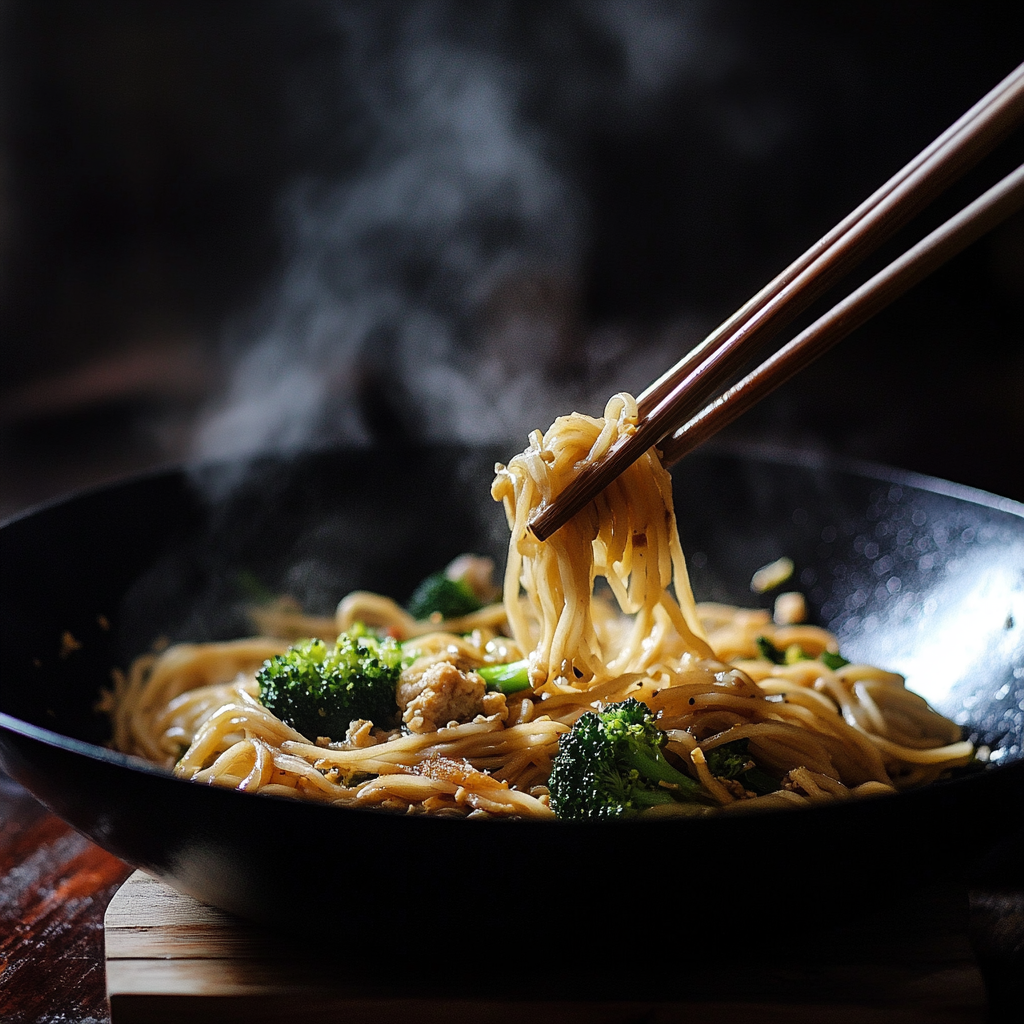 Stir-frying Phat Si-Io in a hot wok with soy sauce