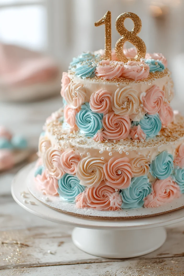 Close-up of a three-tier pastel pink and blue birthday cake with smooth vanilla buttercream frosting, piped rosettes, fondant numbers '18', and edible gold glitter on a white cake stand