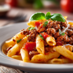 Close-up of creamy beef penne pasta twirled on a white plate, with golden browned ground beef, creamy tomato sauce, sprinkled parmesan, and fresh green basil on a rustic wooden surface