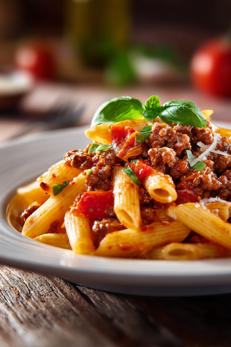 Close-up of creamy beef penne pasta twirled on a white plate, with golden browned ground beef, creamy tomato sauce, sprinkled parmesan, and fresh green basil on a rustic wooden surface