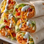 Close-up of 5 Minute Buffalo Chicken Wraps cut diagonally and stacked on a white rectangular plate, showing tender buffalo chicken, shredded lettuce, diced tomatoes, cheddar cheese, and ranch dressing in soft flour tortillas