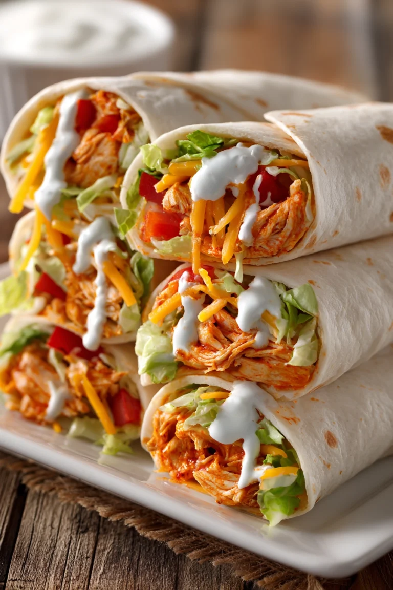 Close-up of 5 Minute Buffalo Chicken Wraps cut diagonally and stacked on a white rectangular plate, showing tender buffalo chicken, shredded lettuce, diced tomatoes, cheddar cheese, and ranch dressing in soft flour tortillas