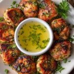 Close-up of golden brown air fryer salmon bites arranged in a circle on a white plate with a small bowl of lemon garlic butter sauce garnished with chopped parsley on a rustic wooden surface