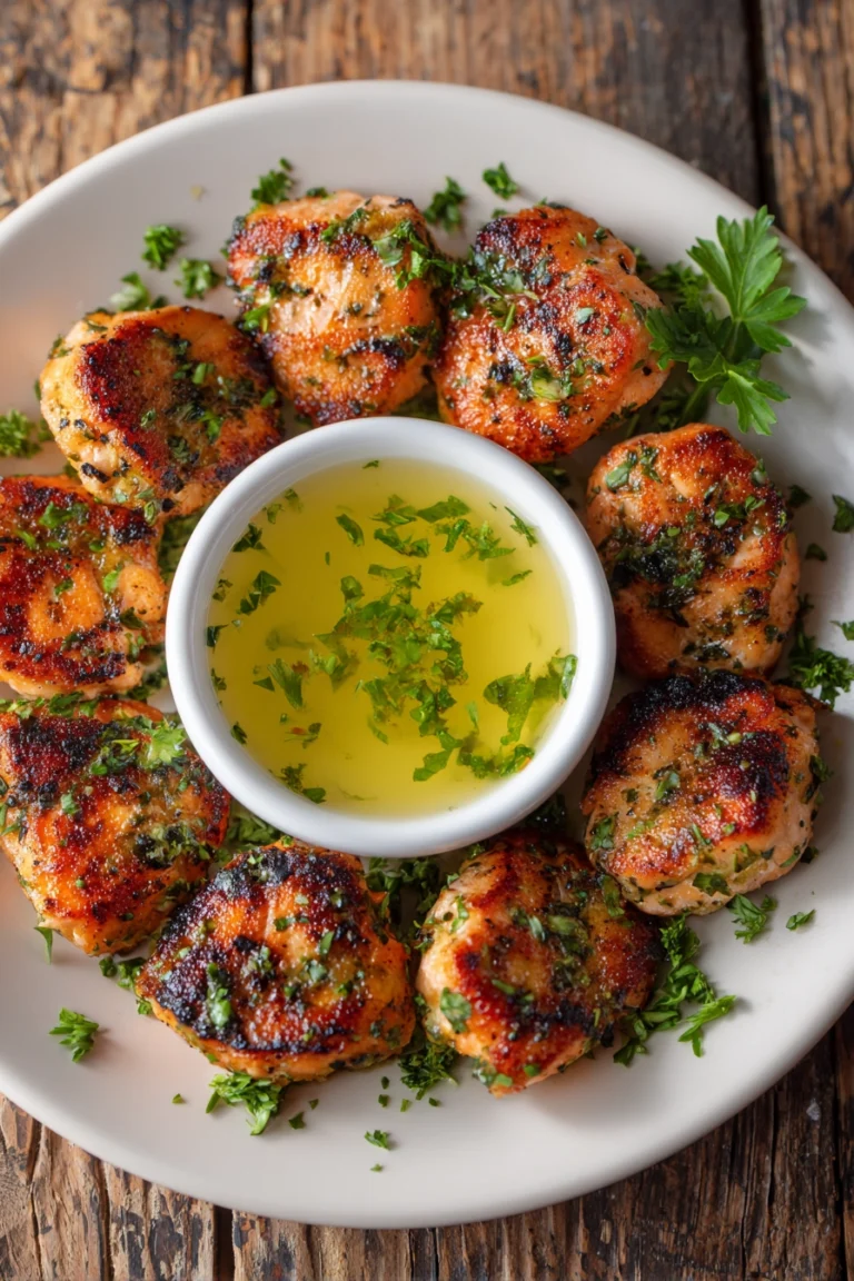 Close-up of golden brown air fryer salmon bites arranged in a circle on a white plate with a small bowl of lemon garlic butter sauce garnished with chopped parsley on a rustic wooden surface