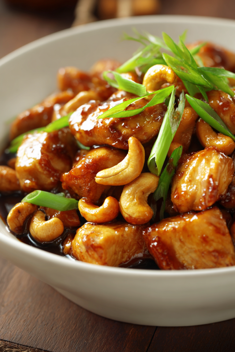 Close-up of authentic cashew chicken stir-fry with golden-brown chicken cubes, toasted cashews, green onion garnish in a shallow white ceramic bowl with glossy dark amber soy-based sauce