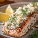 Baked salmon fillet topped with creamy Boursin cheese spread with garlic and herbs, garnished with fresh dill and a lemon wedge on a white plate