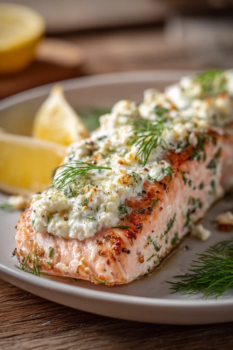 Baked salmon fillet topped with creamy Boursin cheese spread with garlic and herbs, garnished with fresh dill and a lemon wedge on a white plate