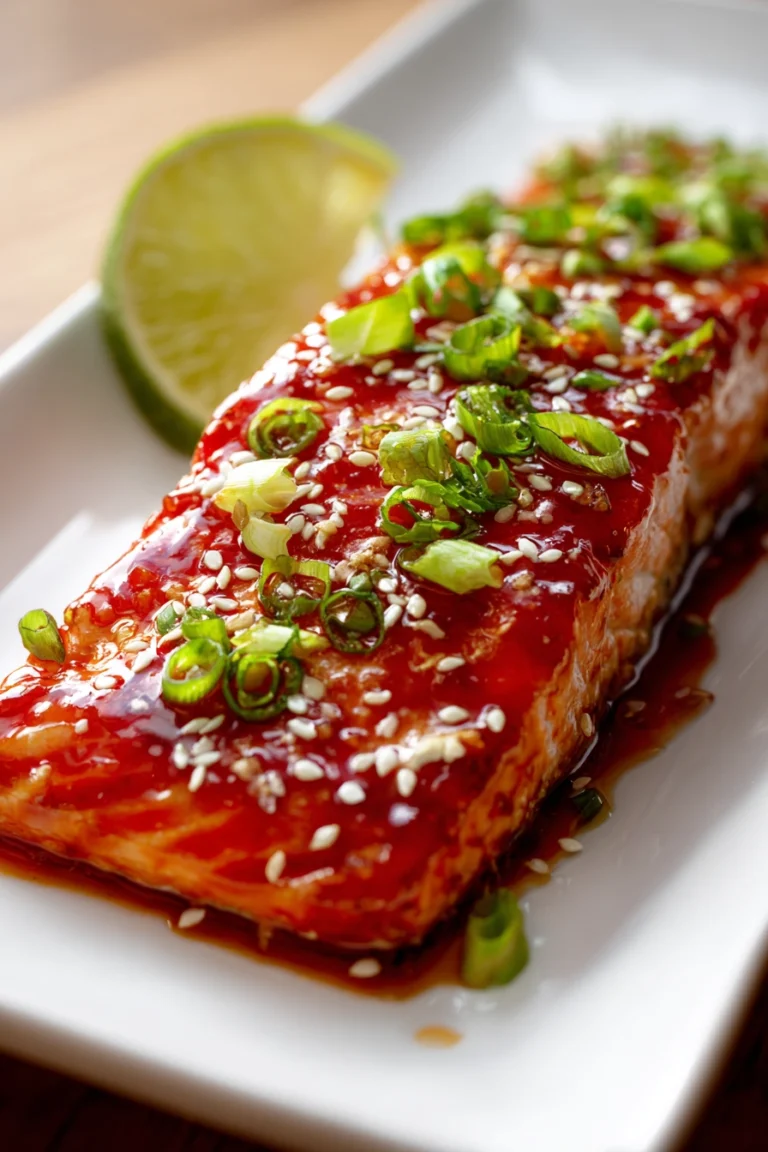 Close-up of a tender baked salmon fillet with glossy sweet chili garlic sauce, garnished with chopped green onions, sesame seeds, and a lime wedge on a white rectangular plate