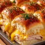 Close-up of golden brown baked turkey and cheese sliders in a rectangular dish, with melted cheddar cheese and parsley garnish on soft buns.