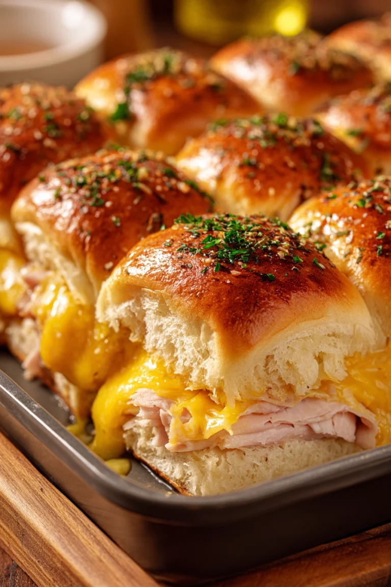 Close-up of golden brown baked turkey and cheese sliders in a rectangular dish, with melted cheddar cheese and parsley garnish on soft buns.