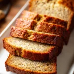 Close-up of sliced classic banana bread with golden brown crust and visible banana specks, arranged in a staggered stack on a white rectangular plate on a rustic wooden surface.