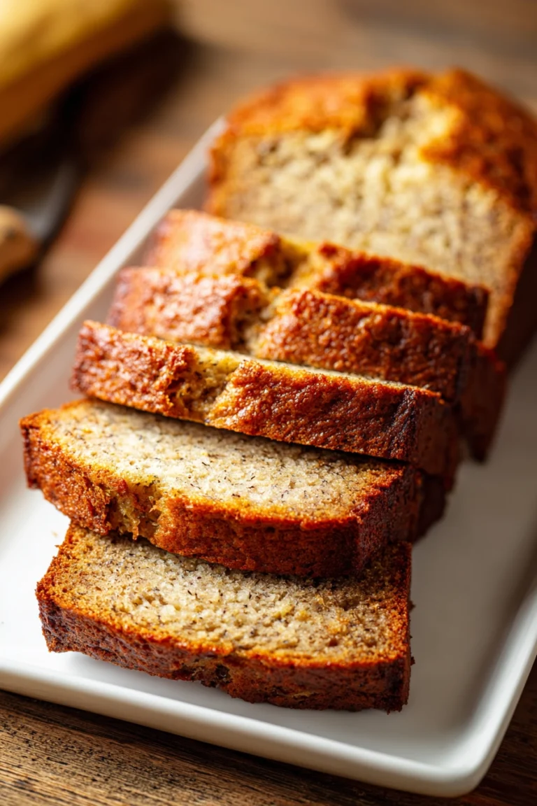 Close-up of sliced classic banana bread with golden brown crust and visible banana specks, arranged in a staggered stack on a white rectangular plate on a rustic wooden surface.