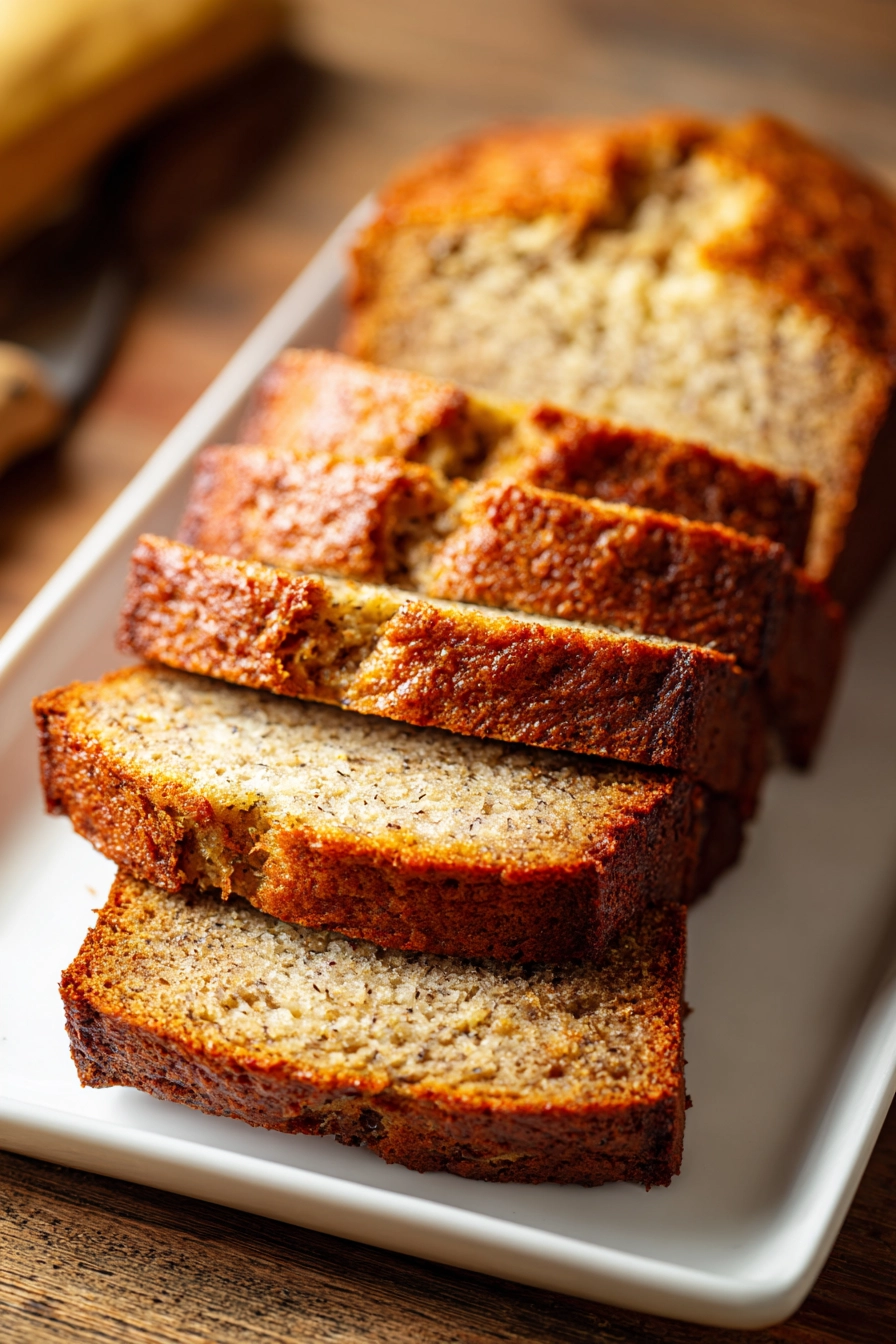 Close-up of sliced classic banana bread with golden brown crust and visible banana specks, arranged in a staggered stack on a white rectangular plate on a rustic wooden surface.