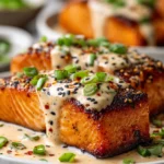 Close-up of pan-seared salmon fillet with crispy skin on a white plate, drizzled with creamy spicy bang bang sauce and garnished with chopped green onions and sesame seeds