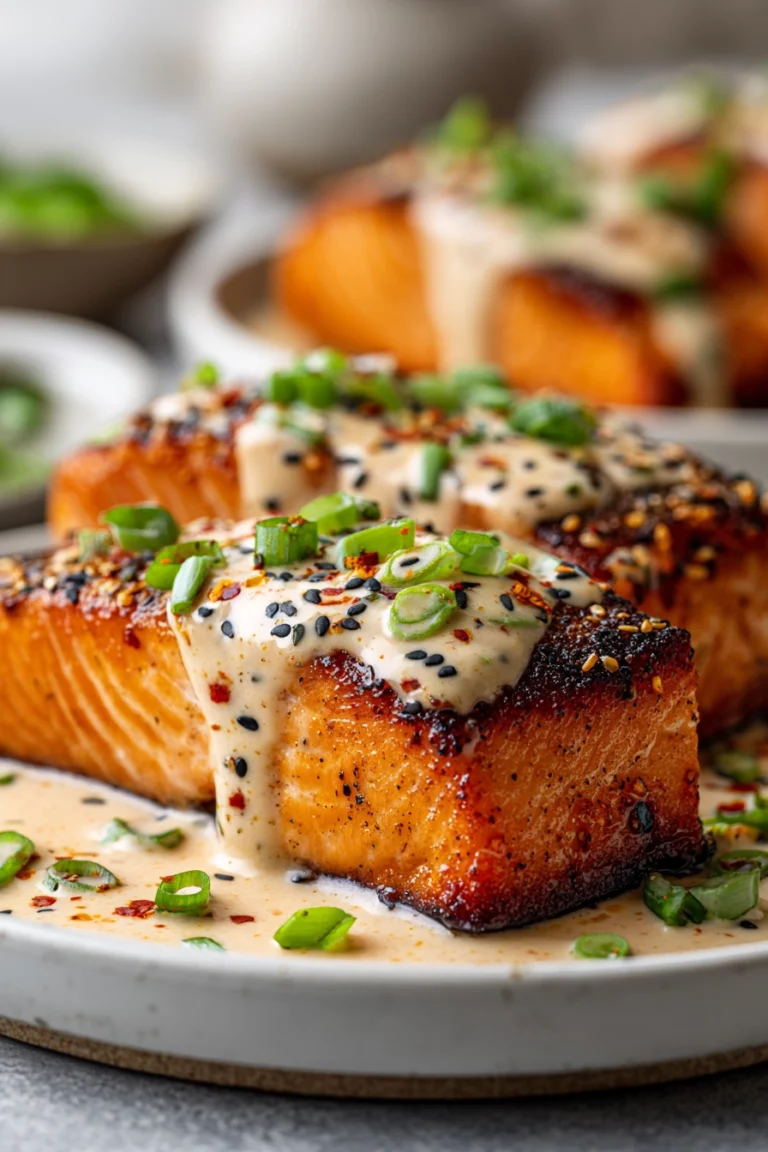 Close-up of pan-seared salmon fillet with crispy skin on a white plate, drizzled with creamy spicy bang bang sauce and garnished with chopped green onions and sesame seeds