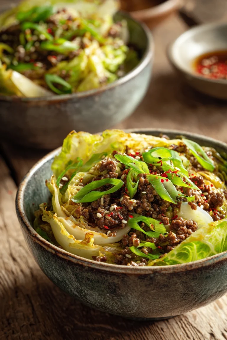 Close-up of beef cabbage bowls featuring sautéed ground beef and tender crisp cabbage leaves garnished with sliced green onions, sesame seeds, and red pepper flakes on a rustic wooden surface