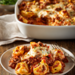 Close-up of a creamy Beefy Tortellini Bake in a white ceramic dish showing browned melted cheese, tomato marinara sauce, cheese tortellini, and chunks of ground beef with Italian herbs on a rustic wooden surface