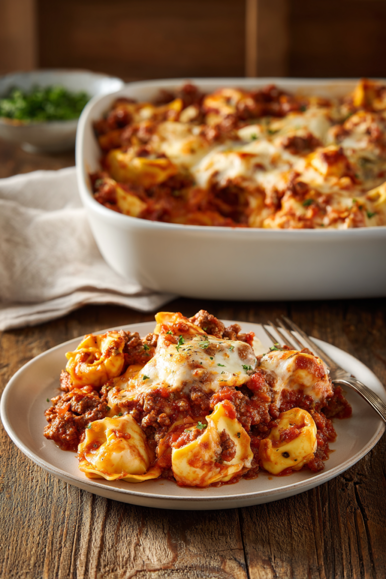 Close-up of a creamy Beefy Tortellini Bake in a white ceramic dish showing browned melted cheese, tomato marinara sauce, cheese tortellini, and chunks of ground beef with Italian herbs on a rustic wooden surface