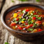 Bowl of black bean chili with diced onions, red bell peppers, black beans, tomato broth, garnished with fresh chopped cilantro on a rustic wooden table