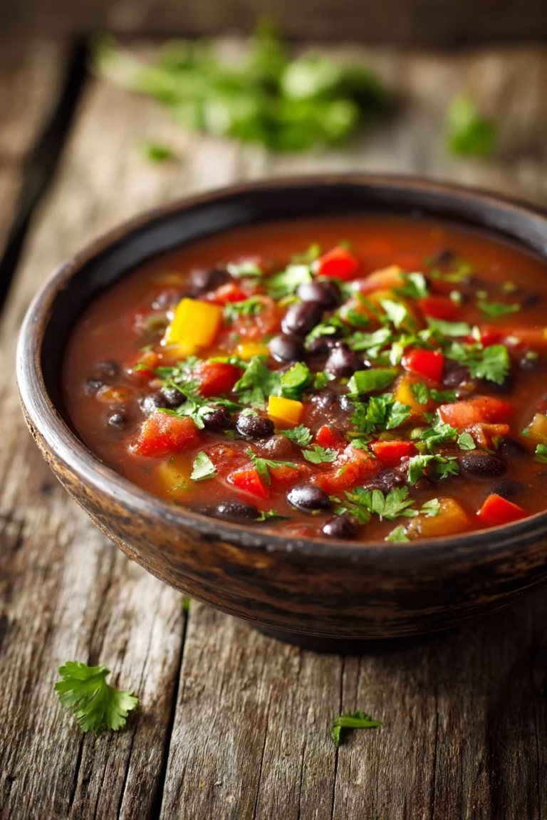 Bowl of black bean chili with diced onions, red bell peppers, black beans, tomato broth, garnished with fresh chopped cilantro on a rustic wooden table