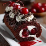 Close-up of a single slice of Black Forest Cake Roll with dark chocolate sponge, white whipped cream rosettes, red cherries, and chocolate shavings on a white plate with cherry syrup drizzle