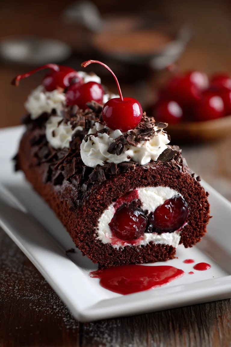 Close-up of a single slice of Black Forest Cake Roll with dark chocolate sponge, white whipped cream rosettes, red cherries, and chocolate shavings on a white plate with cherry syrup drizzle
