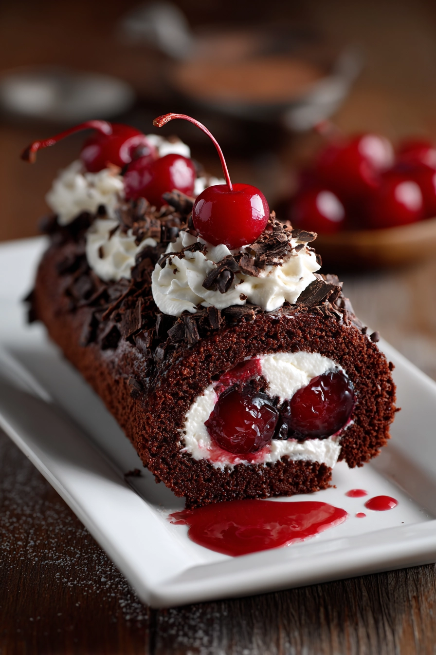 Close-up of a single slice of Black Forest Cake Roll with dark chocolate sponge, white whipped cream rosettes, red cherries, and chocolate shavings on a white plate with cherry syrup drizzle