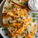 Close-up overhead photo of buffalo chicken quesadillas cut into four crispy triangular wedges on a white plate, garnished with chopped green onions and a ramekin of ranch dressing, featuring gooey melted cheddar and mozzarella cheese with tender shredded chicken coated in buffalo sauce.