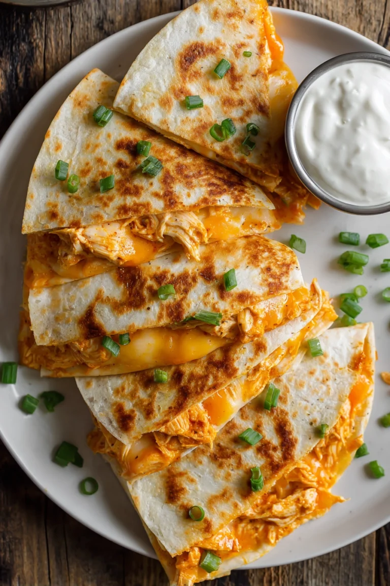 Close-up overhead photo of buffalo chicken quesadillas cut into four crispy triangular wedges on a white plate, garnished with chopped green onions and a ramekin of ranch dressing, featuring gooey melted cheddar and mozzarella cheese with tender shredded chicken coated in buffalo sauce.