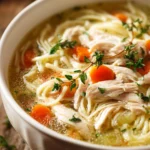 Close-up of classic chicken noodle soup in a white ceramic bowl with shredded chicken, egg noodles, diced carrots, celery, onion, and fresh parsley in clear broth under warm natural light