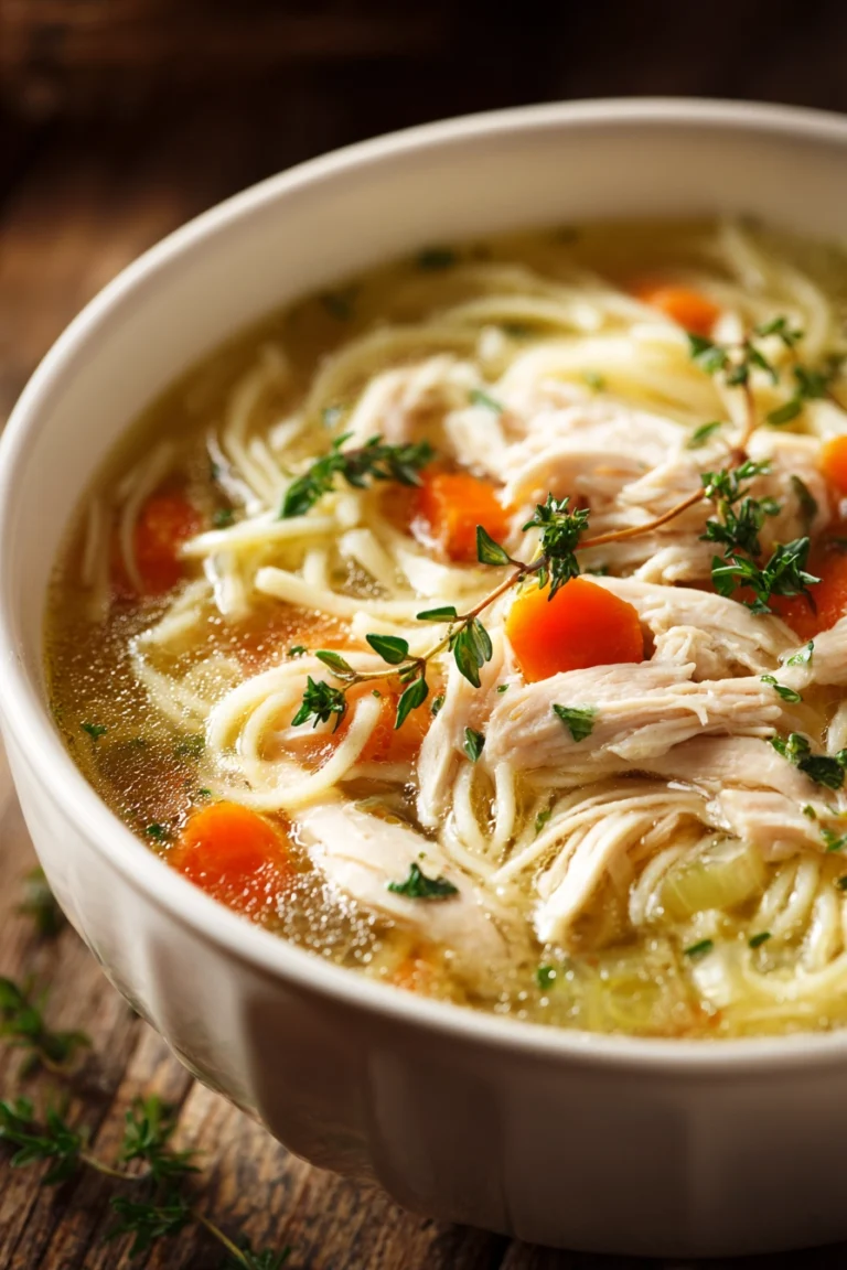Close-up of classic chicken noodle soup in a white ceramic bowl with shredded chicken, egg noodles, diced carrots, celery, onion, and fresh parsley in clear broth under warm natural light