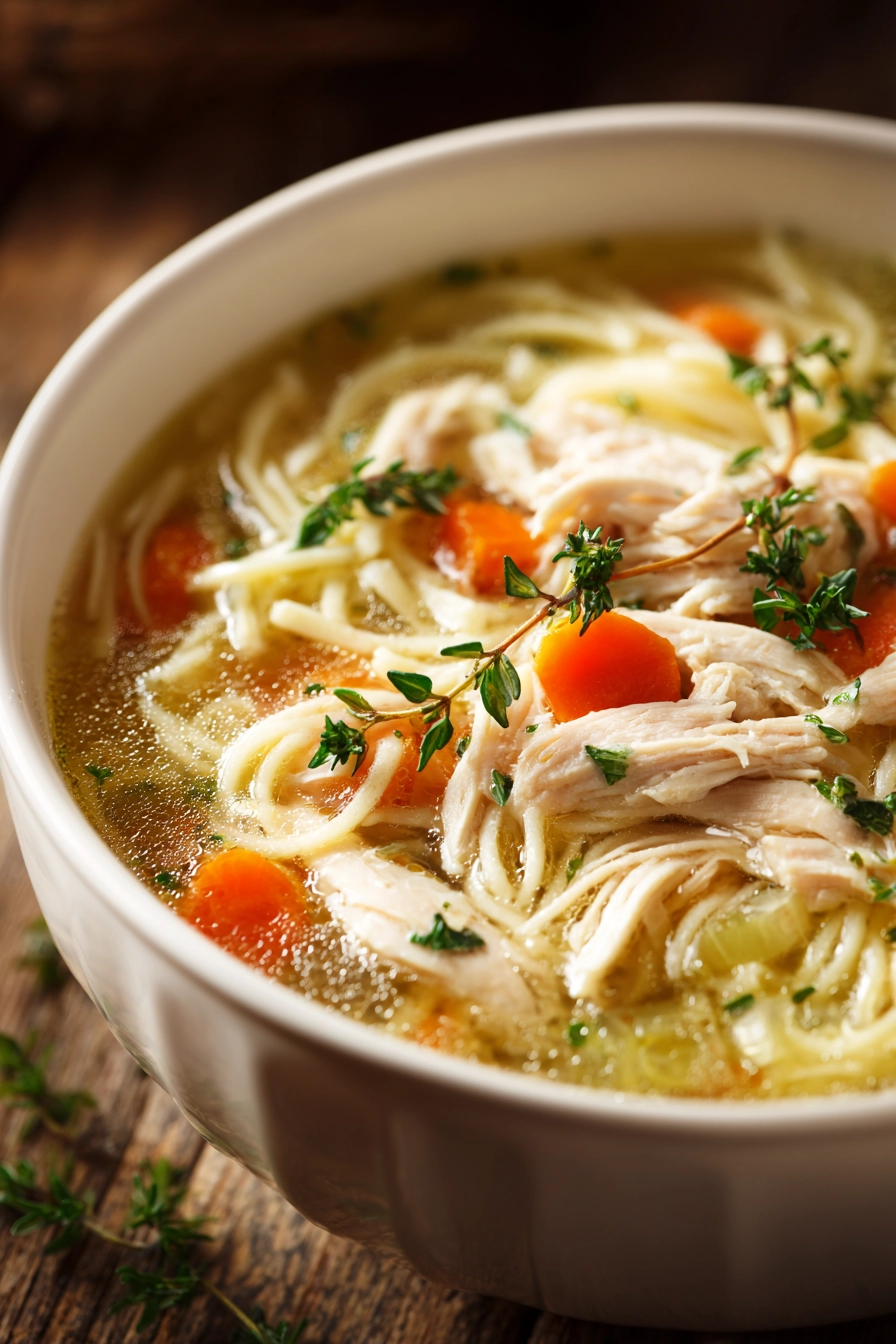 Close-up of classic chicken noodle soup in a white ceramic bowl with shredded chicken, egg noodles, diced carrots, celery, onion, and fresh parsley in clear broth under warm natural light