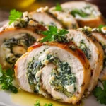 Sliced chicken roll ups with creamy cream cheese and spinach filling, golden brown chicken, sprinkled parmesan, and parsley on white plate