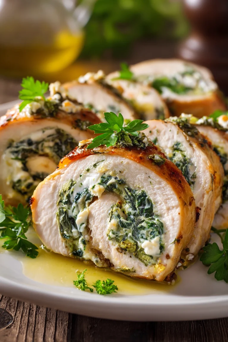 Sliced chicken roll ups with creamy cream cheese and spinach filling, golden brown chicken, sprinkled parmesan, and parsley on white plate