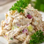 Close-up of creamy classic chicken salad made with shredded boiled chicken, mayonnaise, lemon juice, Dijon mustard, finely chopped celery and red onion, served neatly on a white round plate with a parsley garnish