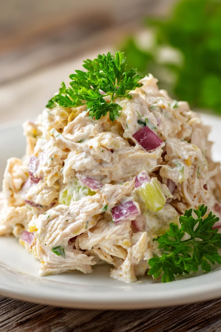 Close-up of creamy classic chicken salad made with shredded boiled chicken, mayonnaise, lemon juice, Dijon mustard, finely chopped celery and red onion, served neatly on a white round plate with a parsley garnish