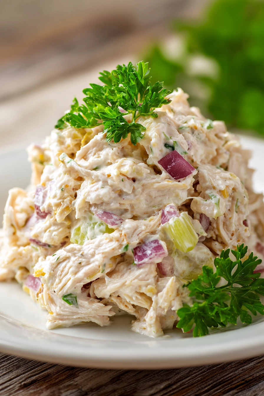 Close-up of creamy classic chicken salad made with shredded boiled chicken, mayonnaise, lemon juice, Dijon mustard, finely chopped celery and red onion, served neatly on a white round plate with a parsley garnish