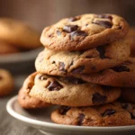 Close-up of classic chocolate chip cookies with chewy texture and golden edges stacked on a round white ceramic plate, highlighting melted semi-sweet chocolate chips under warm natural lighting on a rustic surface.