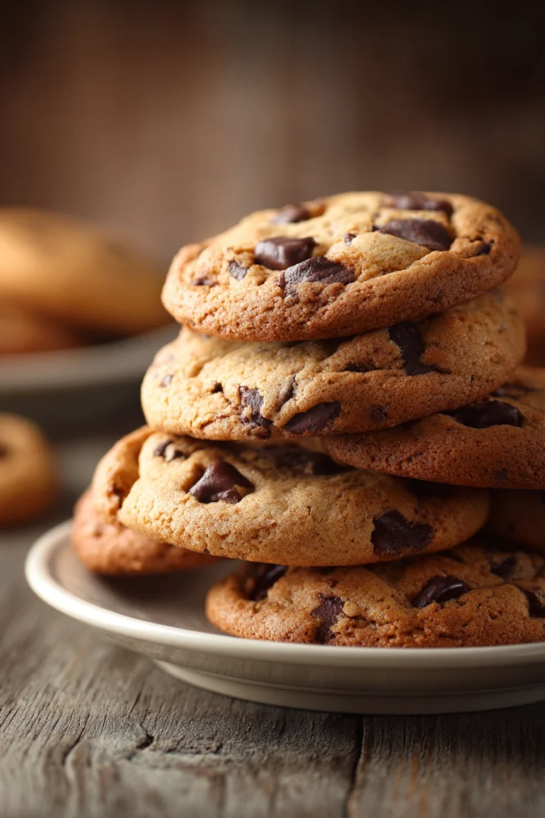 Close-up of classic chocolate chip cookies with chewy texture and golden edges stacked on a round white ceramic plate, highlighting melted semi-sweet chocolate chips under warm natural lighting on a rustic surface.