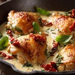 Close-up of pan-seared chicken thighs arranged in the center of a rustic plate with creamy sun-dried tomato sauce spooned generously around, garnished with fresh basil leaves