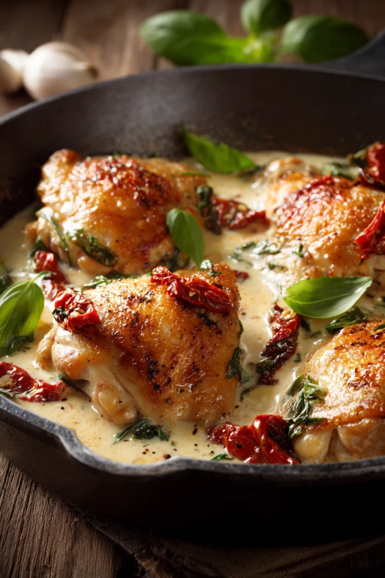 Close-up of pan-seared chicken thighs arranged in the center of a rustic plate with creamy sun-dried tomato sauce spooned generously around, garnished with fresh basil leaves