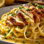 Close-up of pan-seared sliced chicken breast over linguine twirled in creamy golden cowboy butter sauce, garnished with chopped parsley and lemon wedge on a white plate with rustic background.